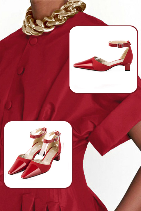Women's scarlet red and cardinal red open side dress shoes, with a strap around the ankle. Tapered toe. Low kitten heels - Top view